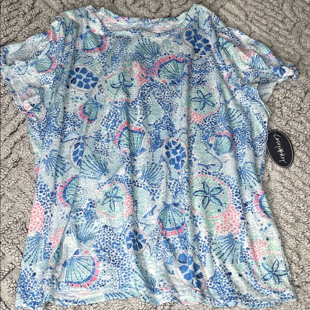 Blue and Pink Patterned Lightweight Shoulder Cut Out Detail Top